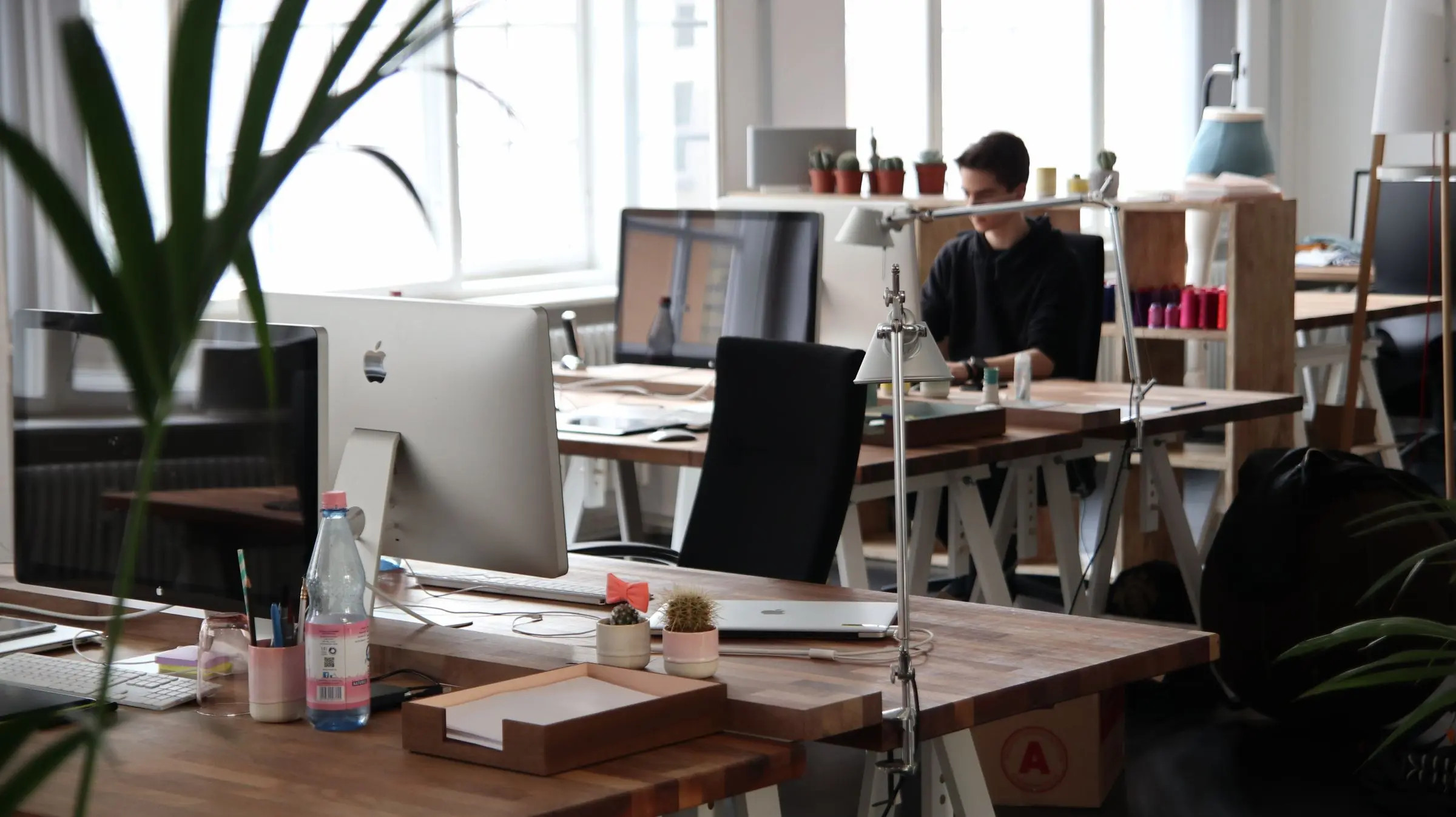 A quiet open-plan office with wooden desks and daylight